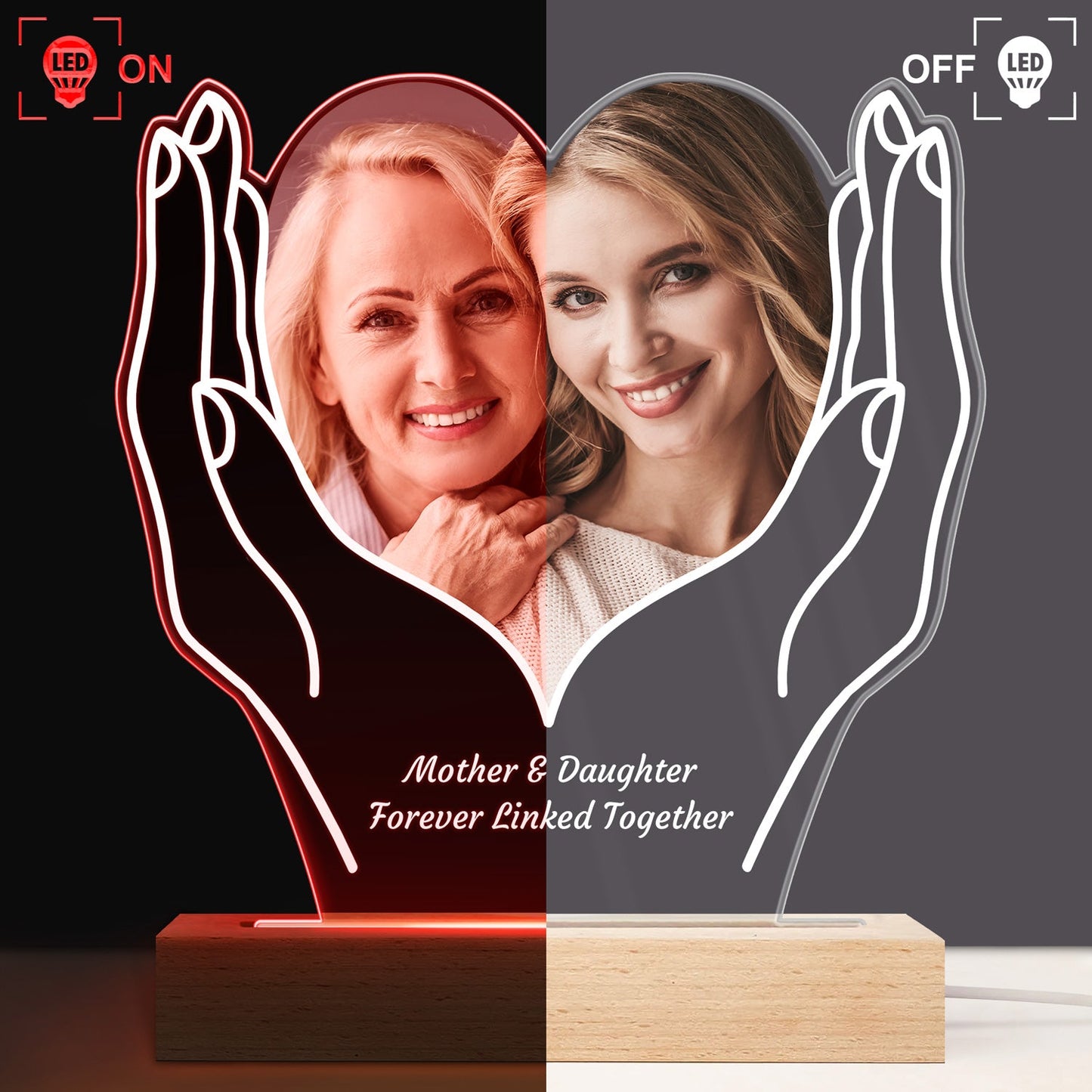 Custom Photo Cherished Heart - Loving Gift For Mom, Mother, Couples, Your Loved Ones - Personalized 3D Led Light Wooden Base