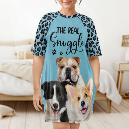 Custom Photo The Real Snuggle - Gift For Dog Mom, Cat Mom, Pet Lovers - Personalized Women's Sleep Tee