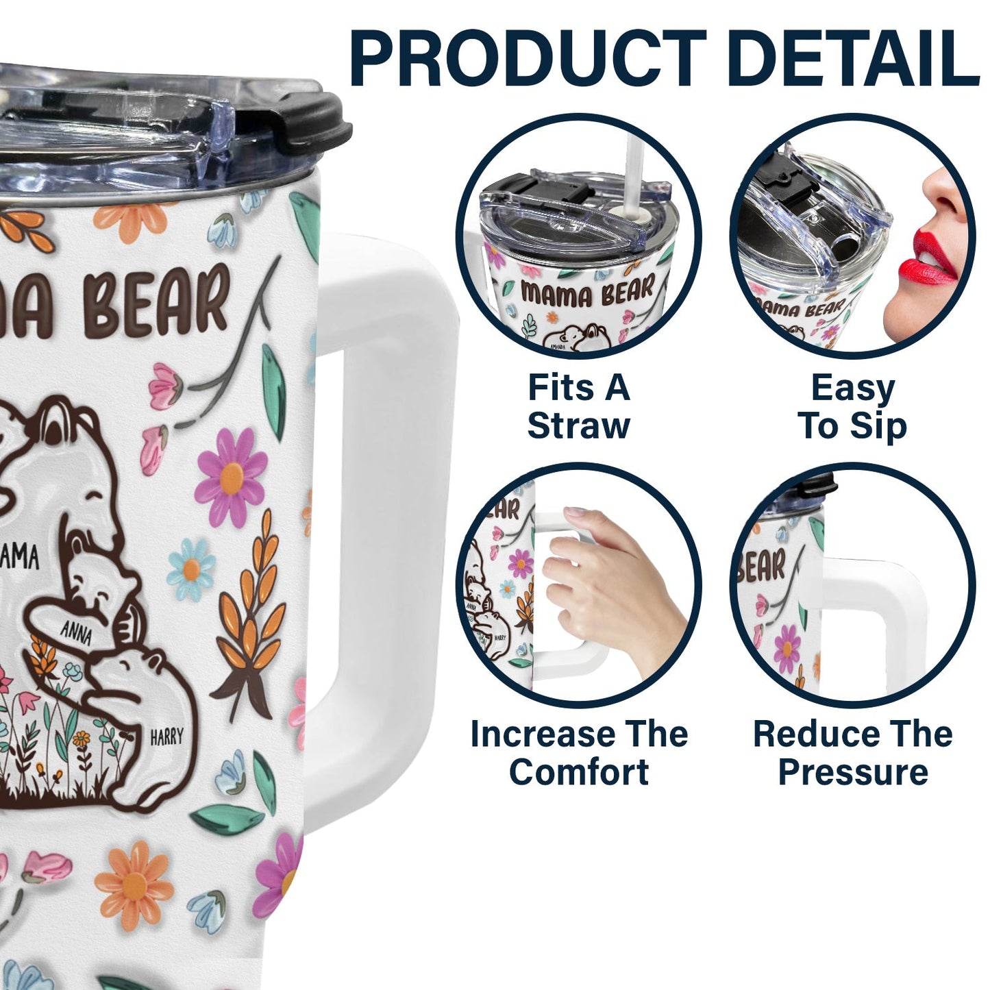 Mama Bear Floral Style - Birthday, Loving Gift For Mom, Mother, Grandma, Grandmother - 3D Inflated Effect Printed Tumbler, Personalized 40oz Tumbler With Straw