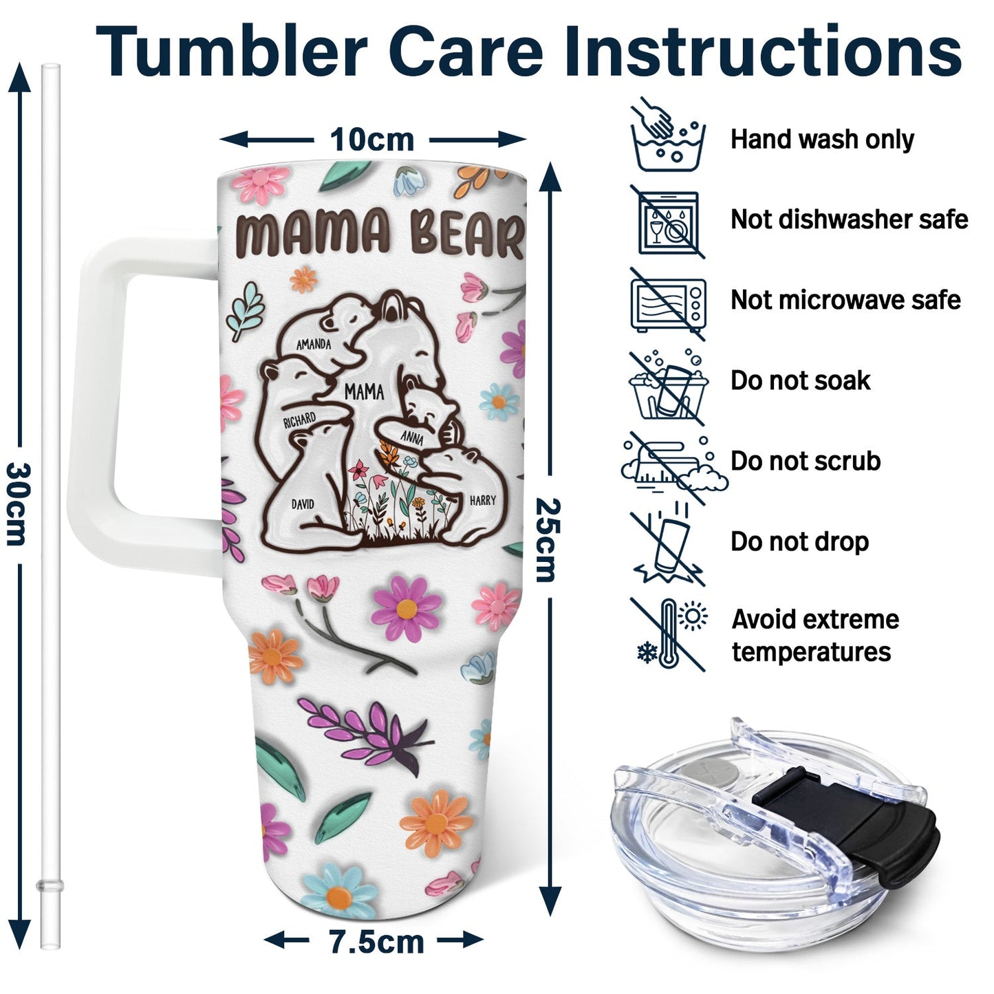 Mama Bear Floral Style - Birthday, Loving Gift For Mom, Mother, Grandma, Grandmother - 3D Inflated Effect Printed Tumbler, Personalized 40oz Tumbler With Straw