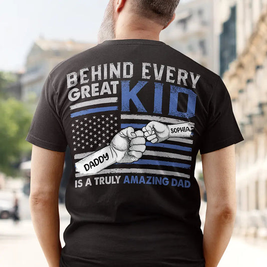 Stars And Stripes Behind Every Great Kid - Personalized Back Print T Shirt