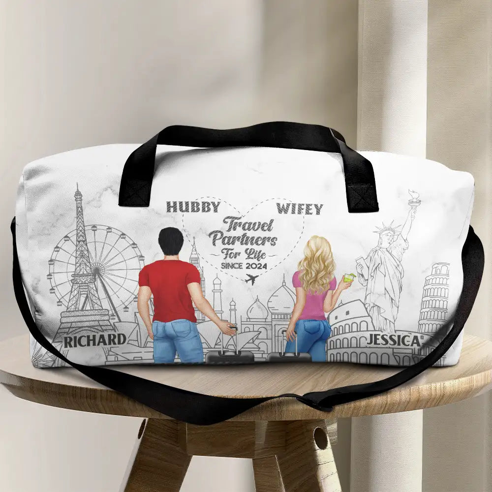 Traveling Couple Hubby & Wifey Travel Partners For Life - Personalized Duffle Bag