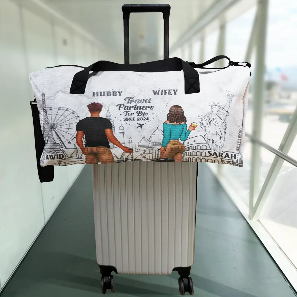 Traveling Couple Hubby & Wifey Travel Partners For Life - Personalized Duffle Bag