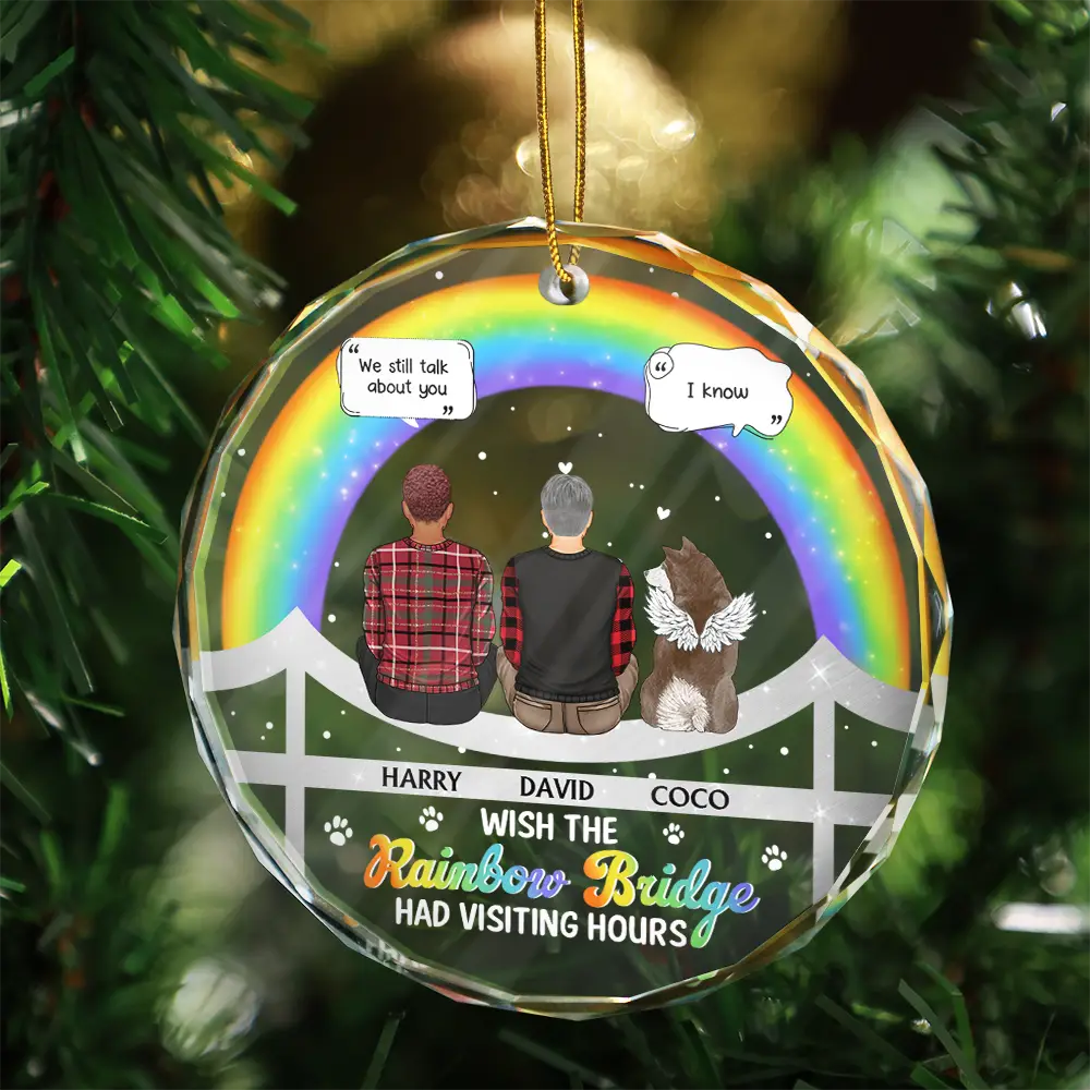 Memorial Dog Cat At The Rainbow Bridge - Personalized Circle Glass Ornament