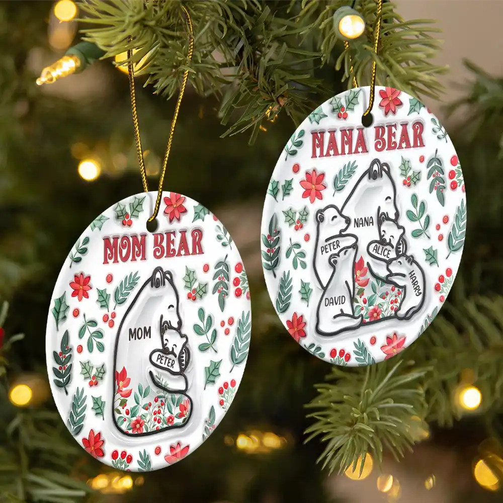 Christmas Mama Bear - 3D Inflated Effect Printed Ornament, Personalized Circle Ornament