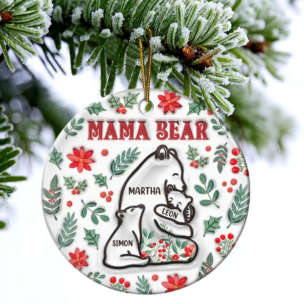 Christmas Mama Bear - 3D Inflated Effect Printed Ornament, Personalized Circle Ornament