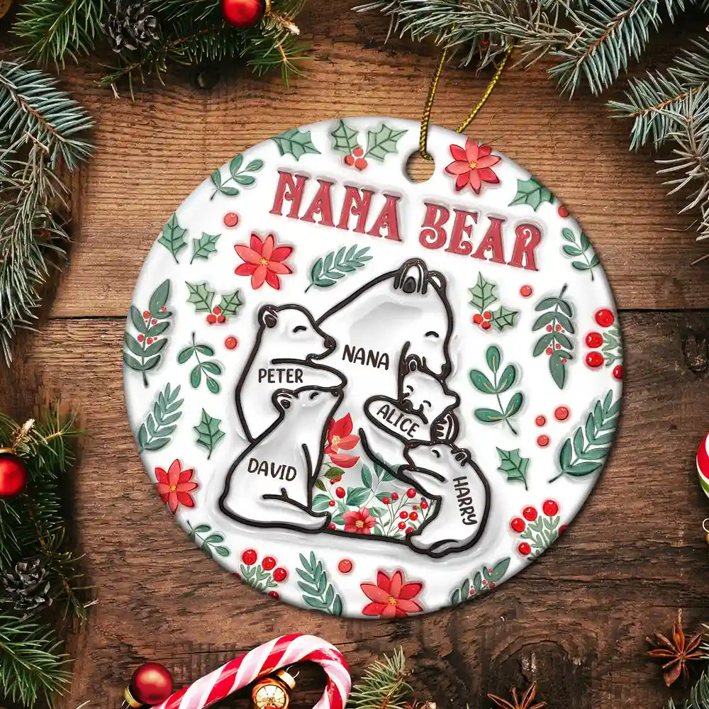 Christmas Mama Bear - 3D Inflated Effect Printed Ornament, Personalized Circle Ornament