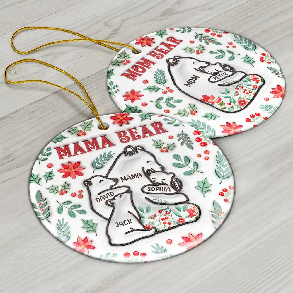 Christmas Mama Bear - 3D Inflated Effect Printed Ornament, Personalized Circle Ornament