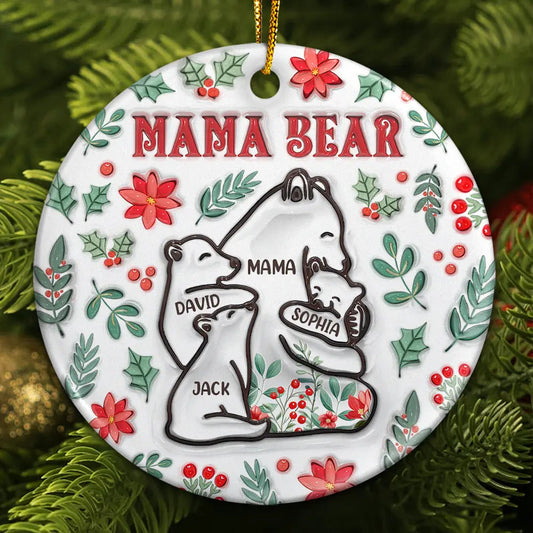 Christmas Mama Bear - 3D Inflated Effect Printed Ornament, Personalized Circle Ornament