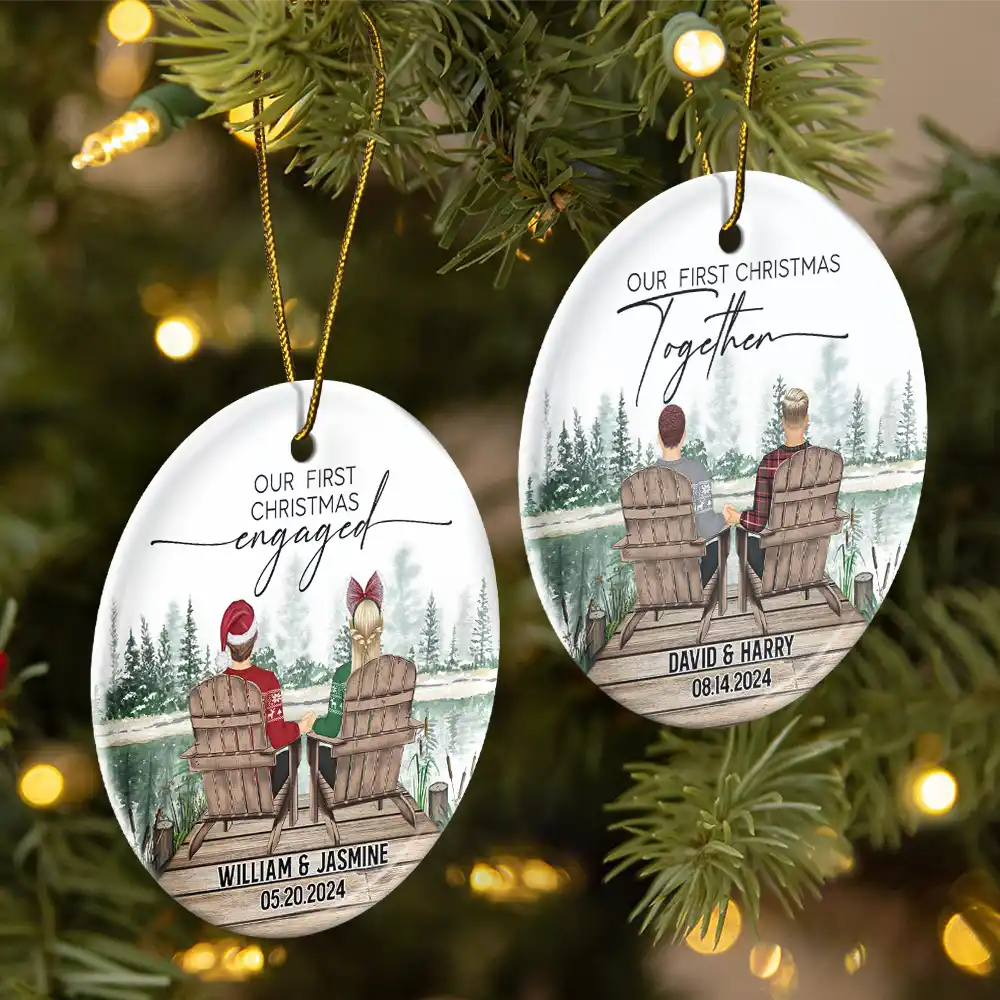 First Christmas Engagement Couples Merry & Married - Personalized Circle Ceramic Ornament