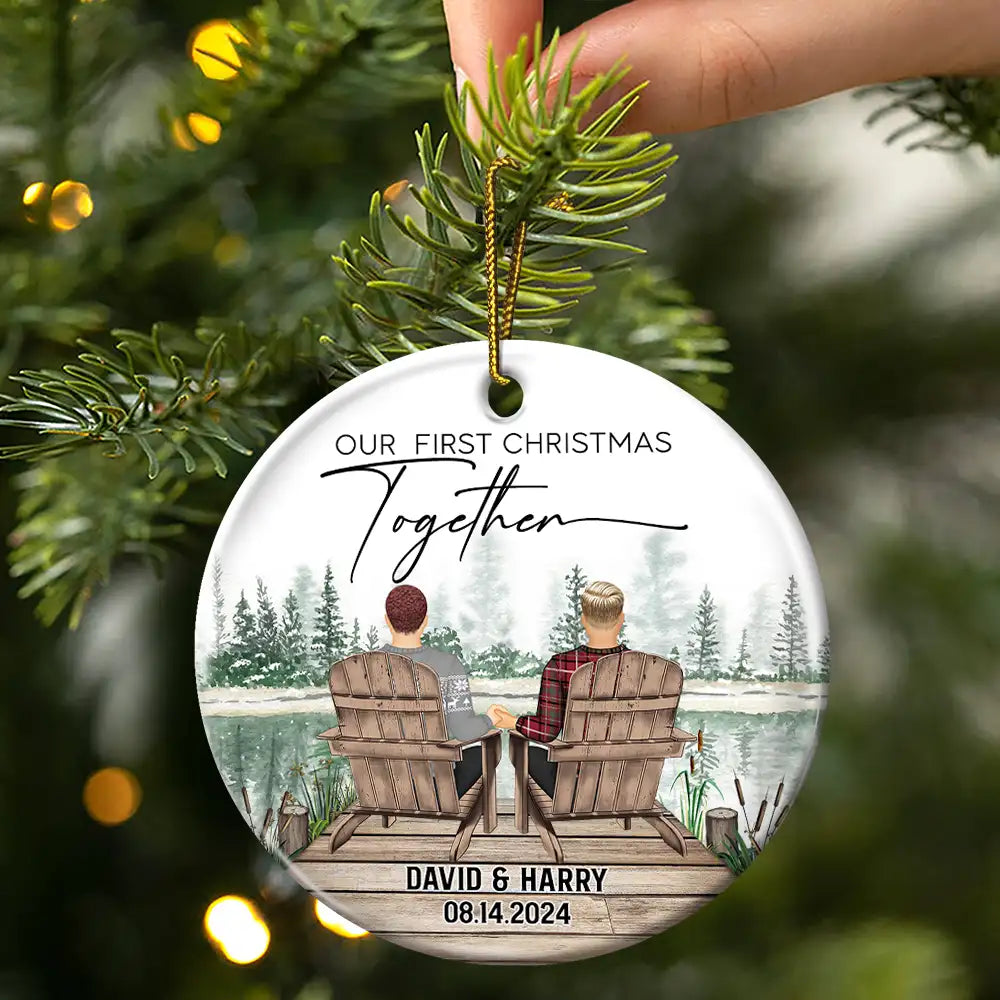 First Christmas Engagement Couples Merry & Married - Personalized Circle Ceramic Ornament