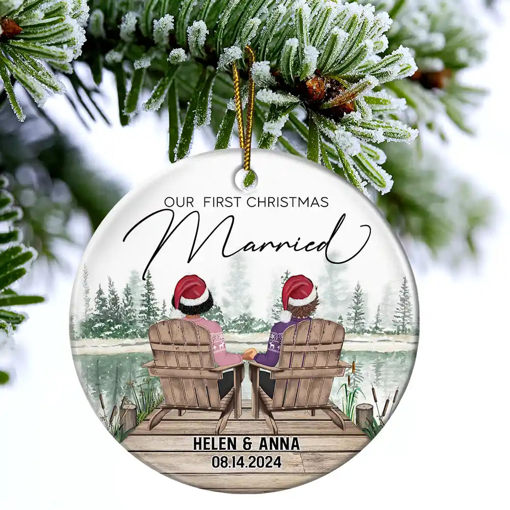 First Christmas Engagement Couples Merry & Married - Personalized Circle Ceramic Ornament