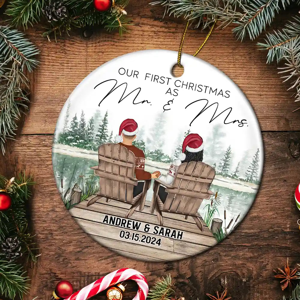 First Christmas Engagement Couples Merry & Married - Personalized Circle Ceramic Ornament