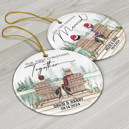 First Christmas Engagement Couples Merry & Married - Personalized Circle Ceramic Ornament