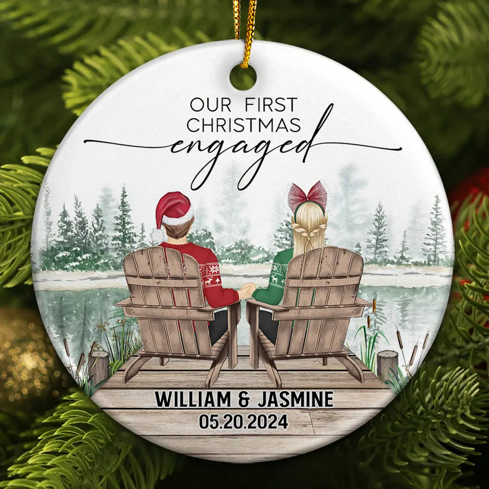 First Christmas Engagement Couples Merry & Married - Personalized Circle Ceramic Ornament