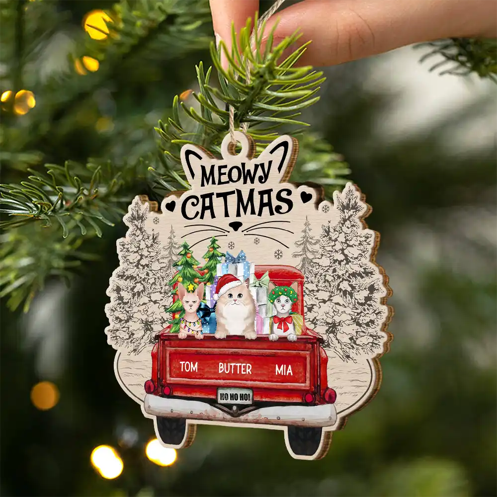 Meowy Catmas Christmas Cats In Red Truck - Personalized Custom Shaped Wooden Ornament