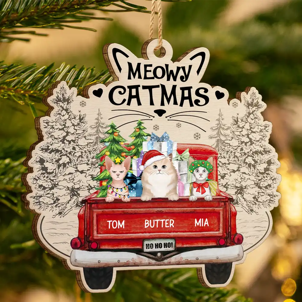 Meowy Catmas Christmas Cats In Red Truck - Personalized Custom Shaped Wooden Ornament