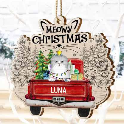 Meowy Catmas Christmas Cats In Red Truck - Personalized Custom Shaped Wooden Ornament