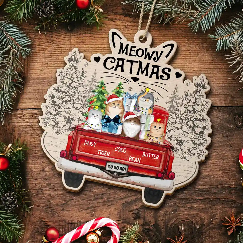 Meowy Catmas Christmas Cats In Red Truck - Personalized Custom Shaped Wooden Ornament