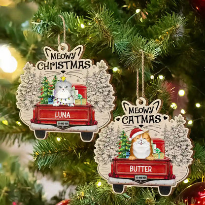 Meowy Catmas Christmas Cats In Red Truck - Personalized Custom Shaped Wooden Ornament