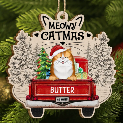 Meowy Catmas Christmas Cats In Red Truck - Personalized Custom Shaped Wooden Ornament