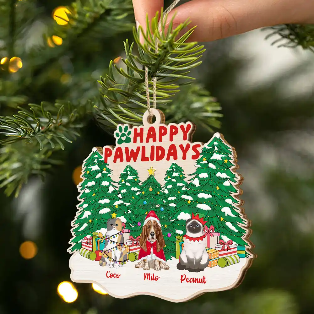 Happy Pawlidays Christmas Dogs Cats Sitting - Personalized Custom Shaped Wooden Ornament