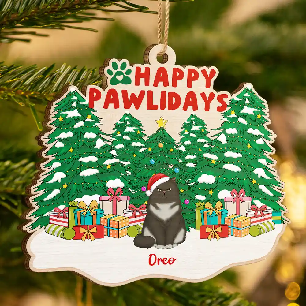 Happy Pawlidays Christmas Dogs Cats Sitting - Personalized Custom Shaped Wooden Ornament