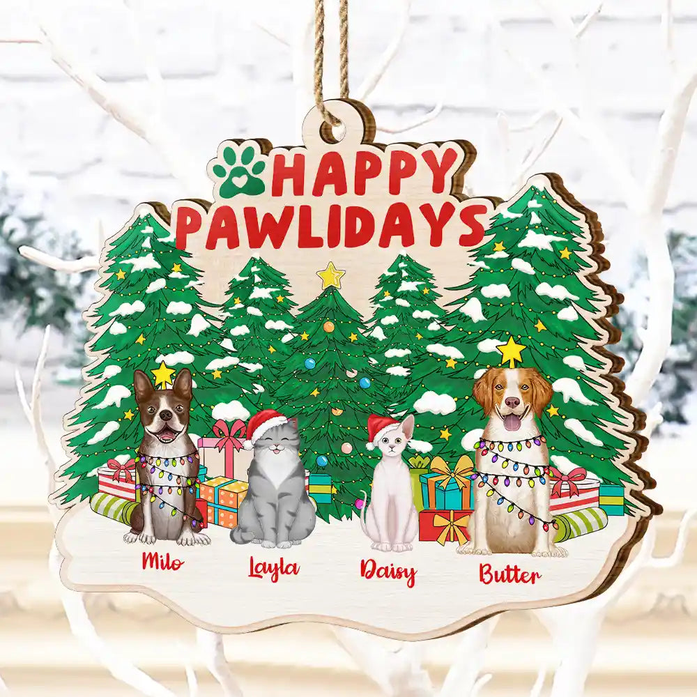 Happy Pawlidays Christmas Dogs Cats Sitting - Personalized Custom Shaped Wooden Ornament