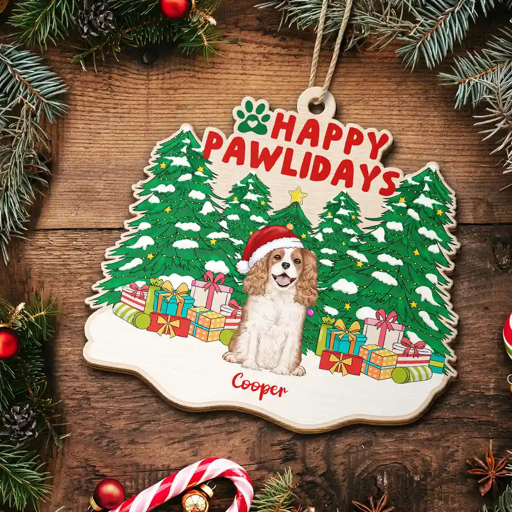 Happy Pawlidays Christmas Dogs Cats Sitting - Personalized Custom Shaped Wooden Ornament