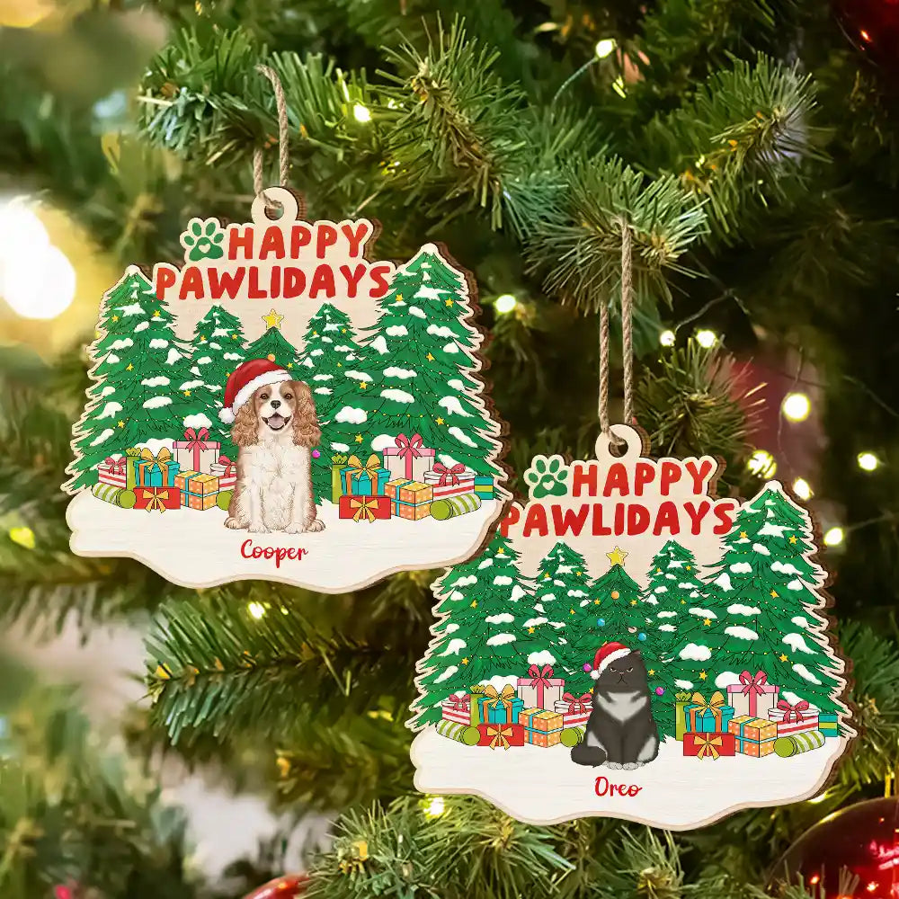 Happy Pawlidays Christmas Dogs Cats Sitting - Personalized Custom Shaped Wooden Ornament