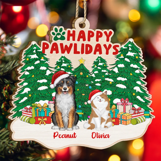 Happy Pawlidays Christmas Dogs Cats Sitting - Personalized Custom Shaped Wooden Ornament