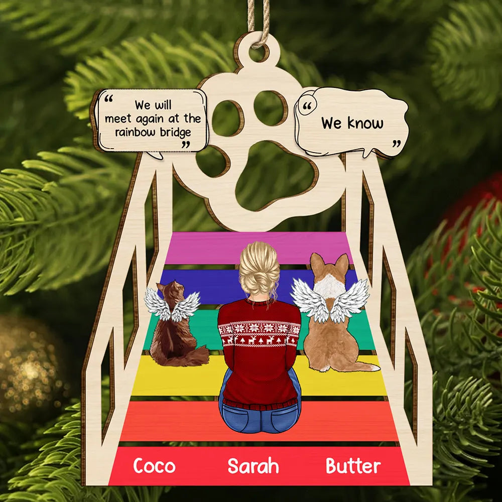 Memorial Cat Dog We Will Meet Again At The Rainbow Bridge - Personalized Wooden Cutout Ornament