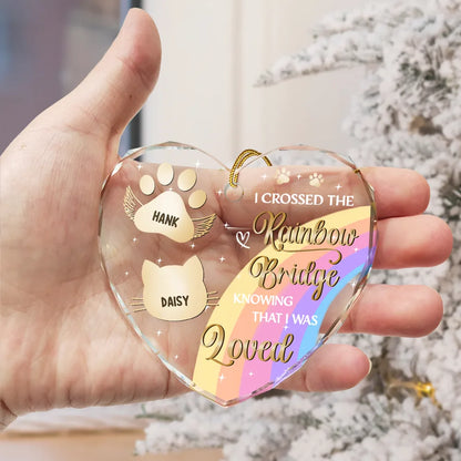 I Crossed The Rainbow Bridge Memorial Pet - Personalized Heart Shaped Glass Ornament