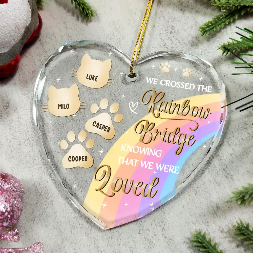 I Crossed The Rainbow Bridge Memorial Pet - Personalized Heart Shaped Glass Ornament