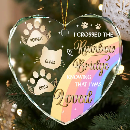 I Crossed The Rainbow Bridge Memorial Pet - Personalized Heart Shaped Glass Ornament