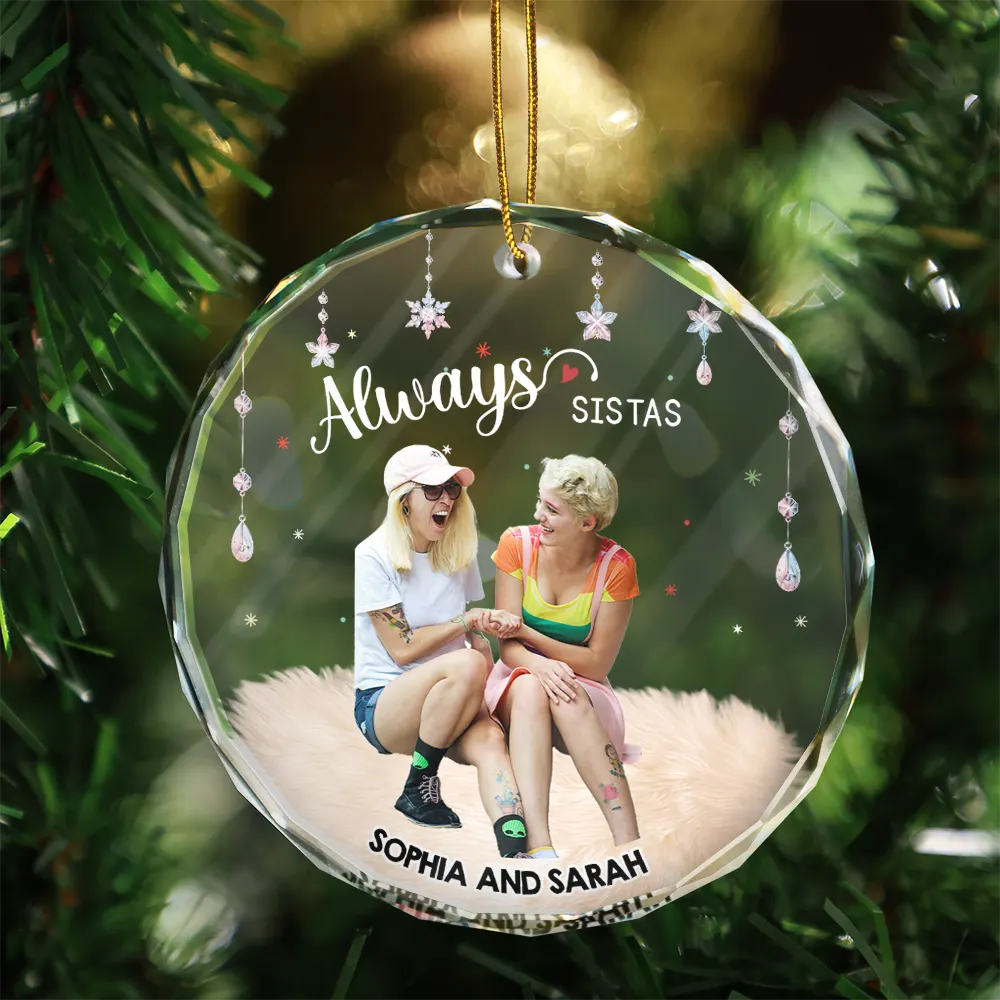 Custom Photo Always Besties - Personalized Circle Glass Ornament