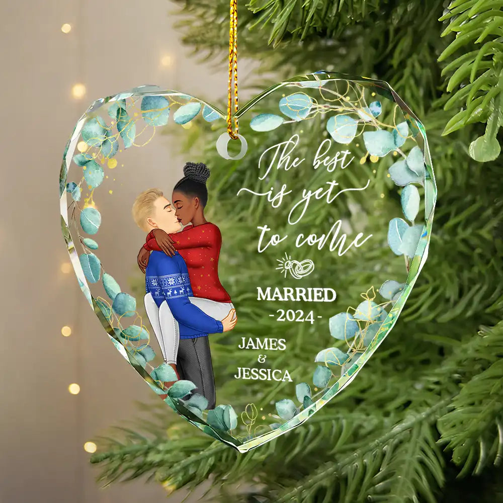 Kissing Couple Newly Engaged The Best Is Yet To Come - Personalized Glass Ornament