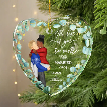 Kissing Couple Newly Engaged The Best Is Yet To Come - Personalized Glass Ornament