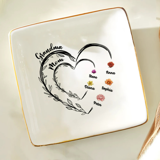 Mom Grandma Sweethearts Birth Month Flowers - Personalized Ring Dish