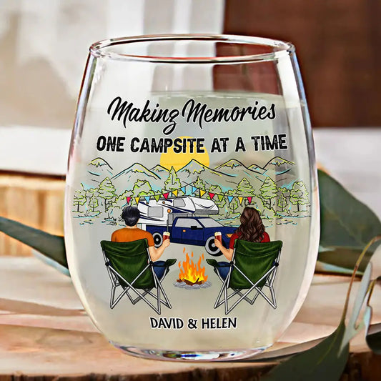 Making Memories One Campsite At A Time - Personalized Stemless Wine Glass