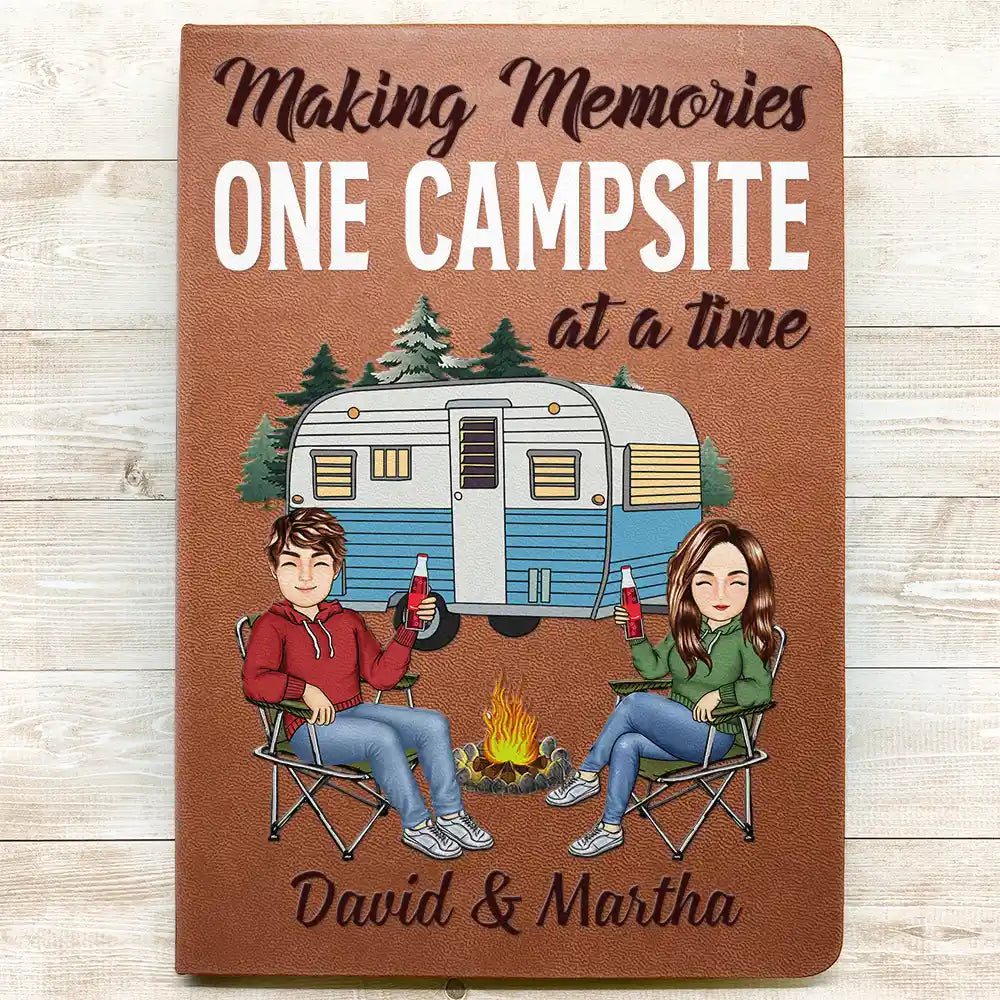 The Adventure Book Cartoon Couple Camping - Personalized Leather Journal