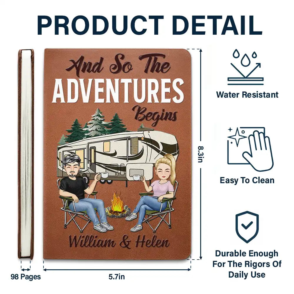 The Adventure Book Cartoon Couple Camping - Personalized Leather Journal