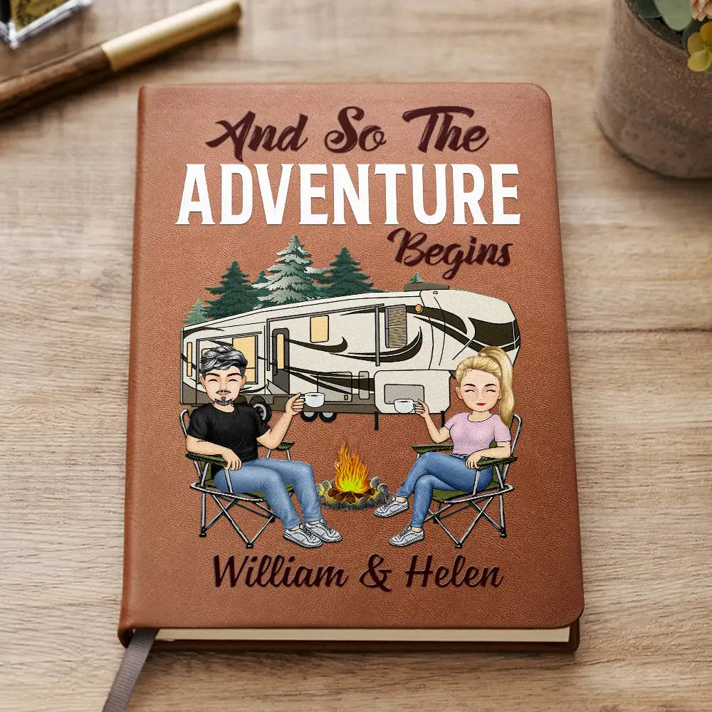 The Adventure Book Cartoon Couple Camping - Personalized Leather Journal