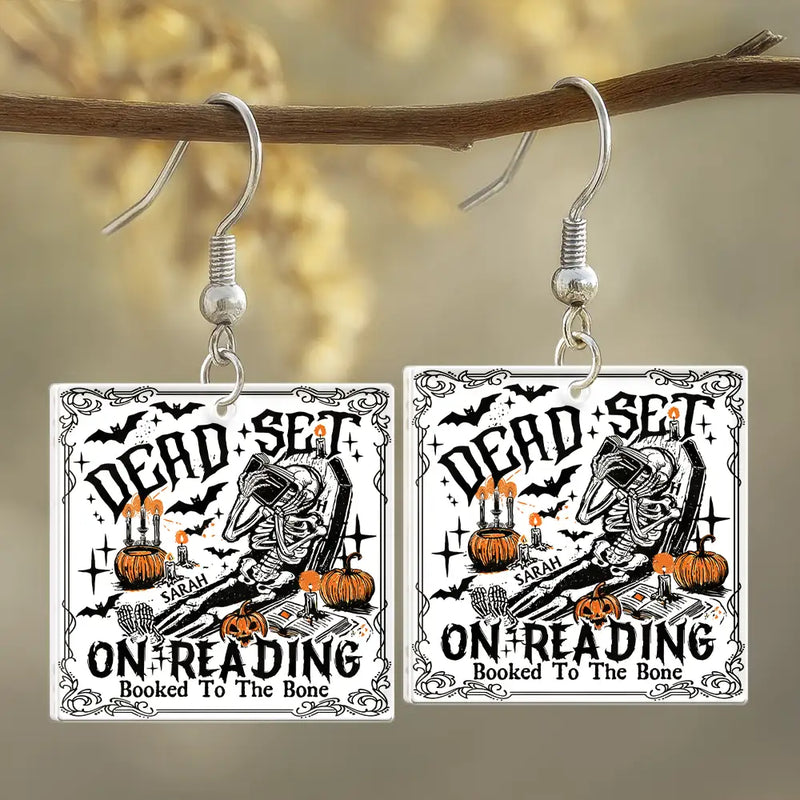 Funny Book Dead Set On Reading Skeleton Halloween - Personalized Acrylic Earrings