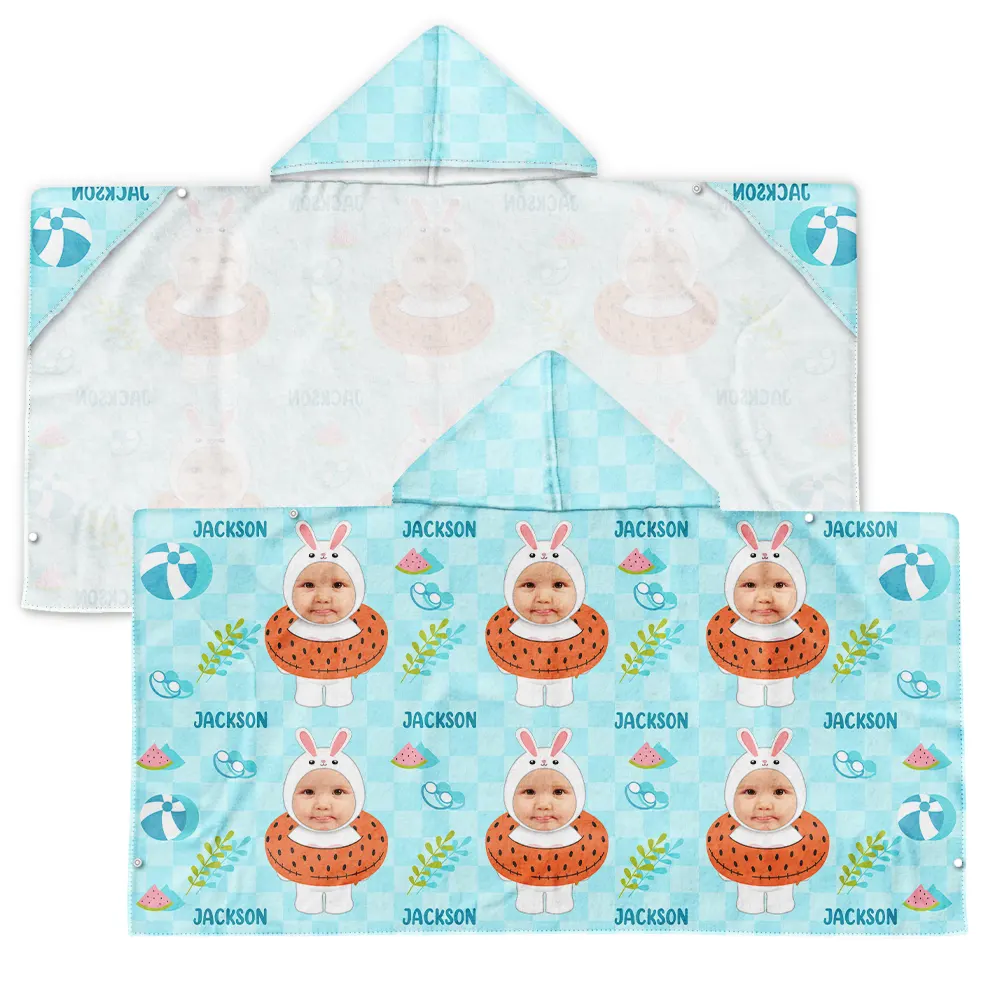 Custom Photo Summer Fun Kid's Animal Cosplay With Float Ring - Personalized Hooded Beach Towel