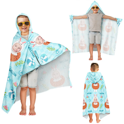 Custom Photo Summer Fun Kid's Animal Cosplay With Float Ring - Personalized Hooded Beach Towel