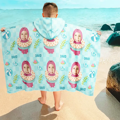 Custom Photo Summer Fun Kid's Animal Cosplay With Float Ring - Personalized Hooded Beach Towel