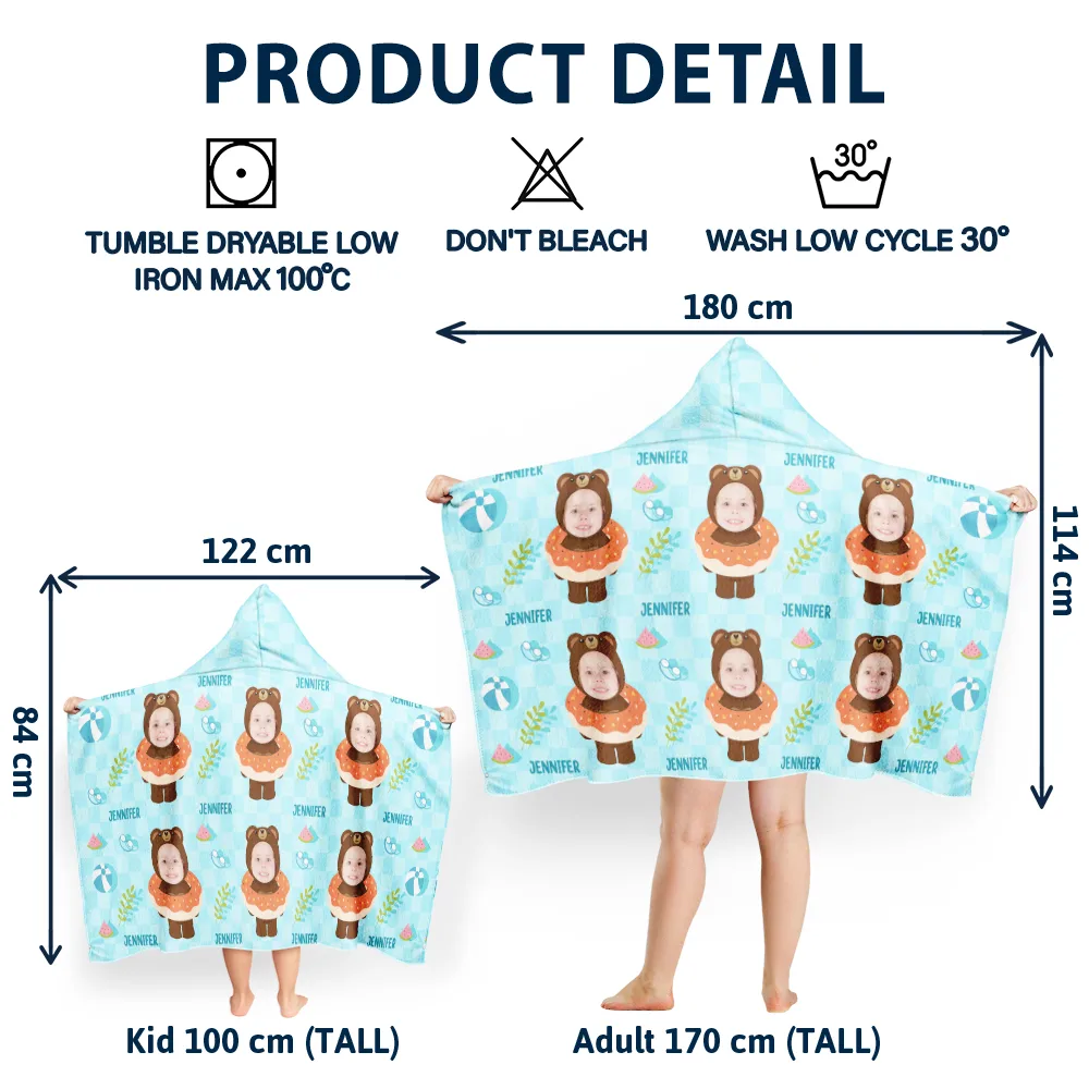 Custom Photo Summer Fun Kid's Animal Cosplay With Float Ring - Personalized Hooded Beach Towel