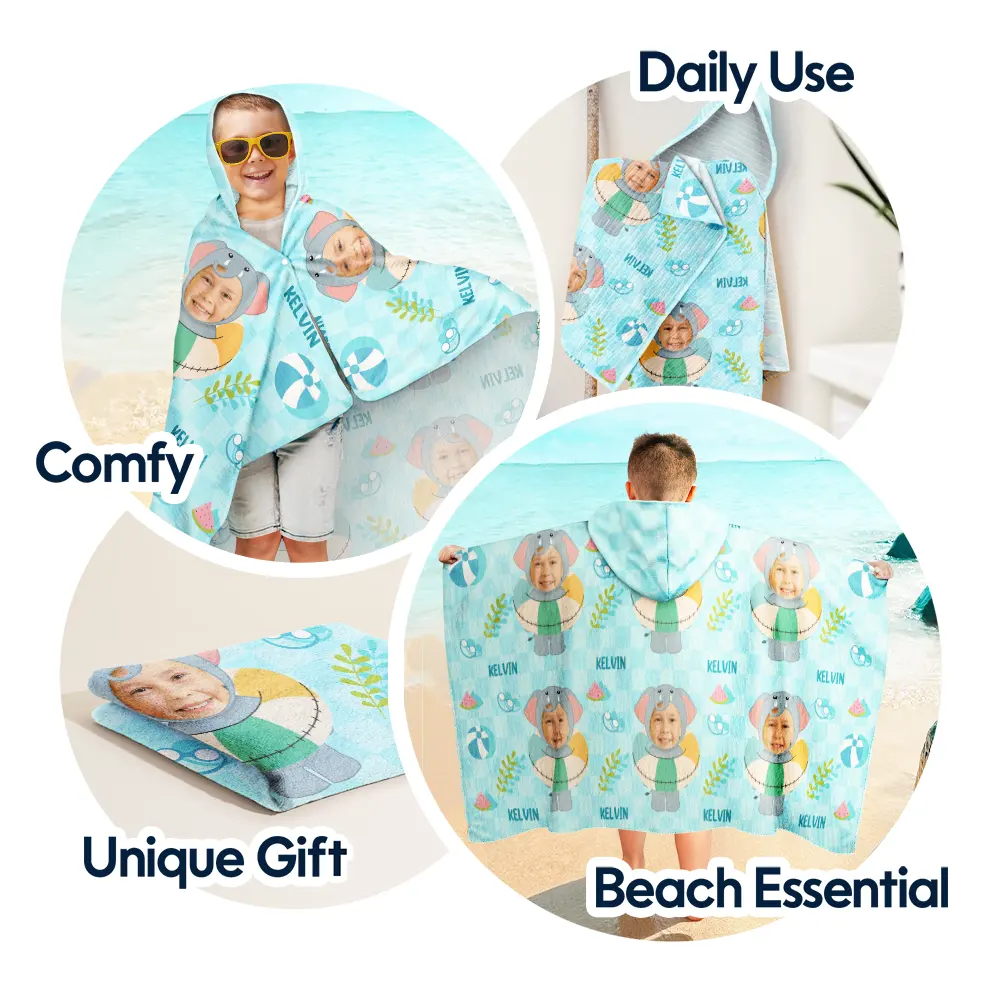 Custom Photo Summer Fun Kid's Animal Cosplay With Float Ring - Personalized Hooded Beach Towel