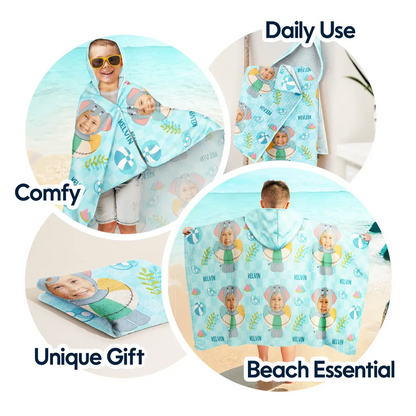 Custom Photo Summer Fun Kid's Animal Cosplay With Float Ring - Personalized Hooded Beach Towel